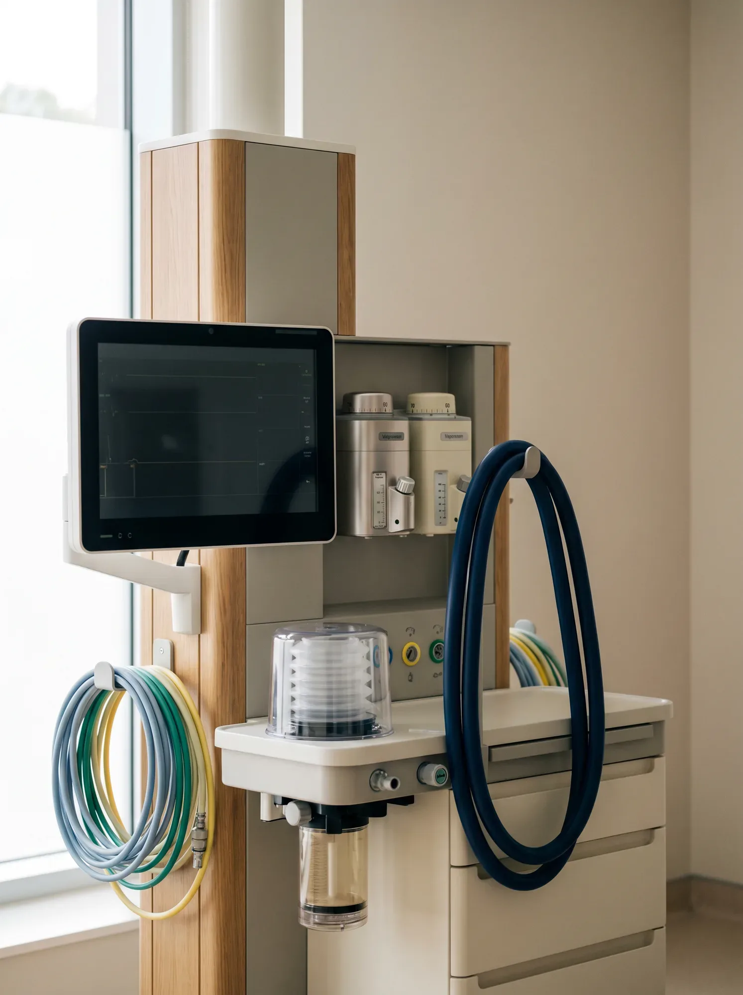 Close macro view of the calibrated vaporiser dial and breathing circuit of a modern anaesthetic machine, with a navy breathing-circuit hose, in calm natural daylight.