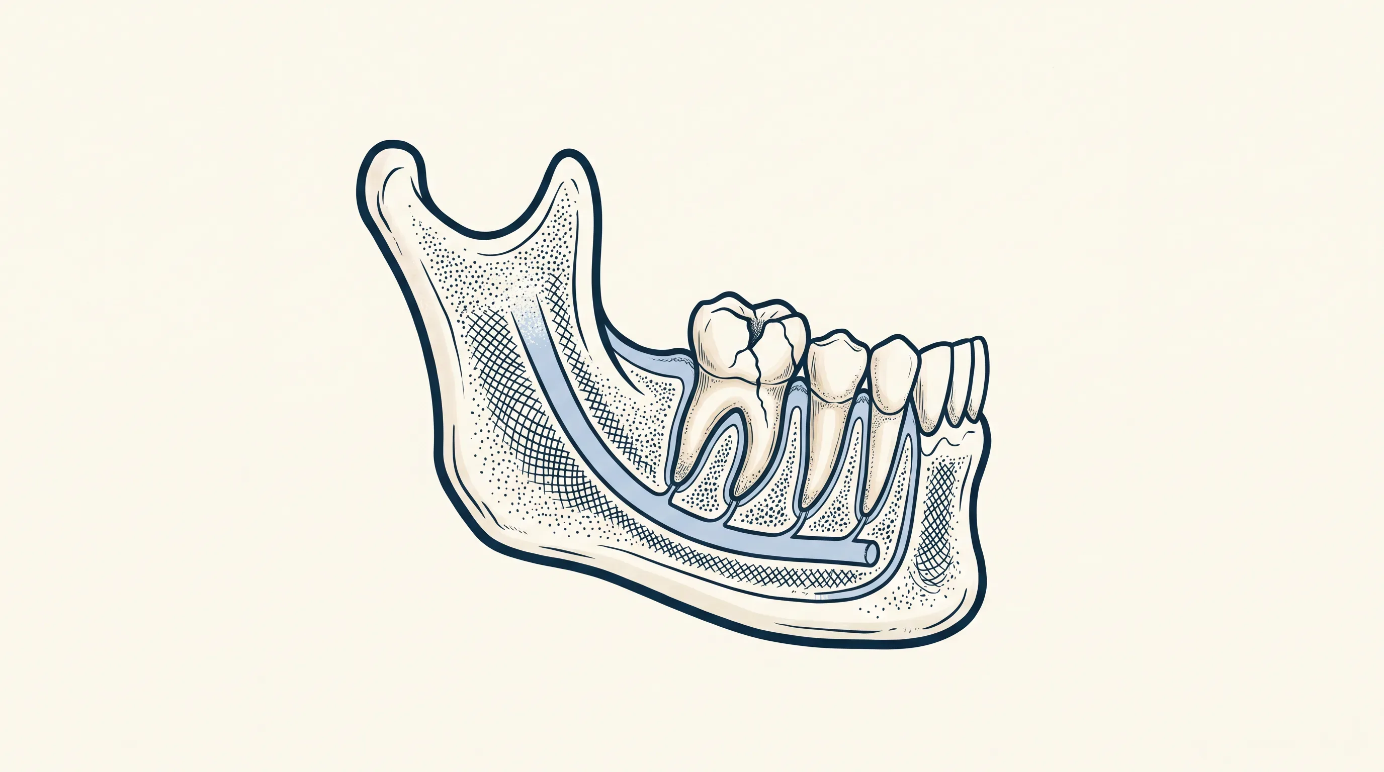 Cross-section illustration of the lower jaw showing a molar and its roots sitting close to the nerve canal beneath them.