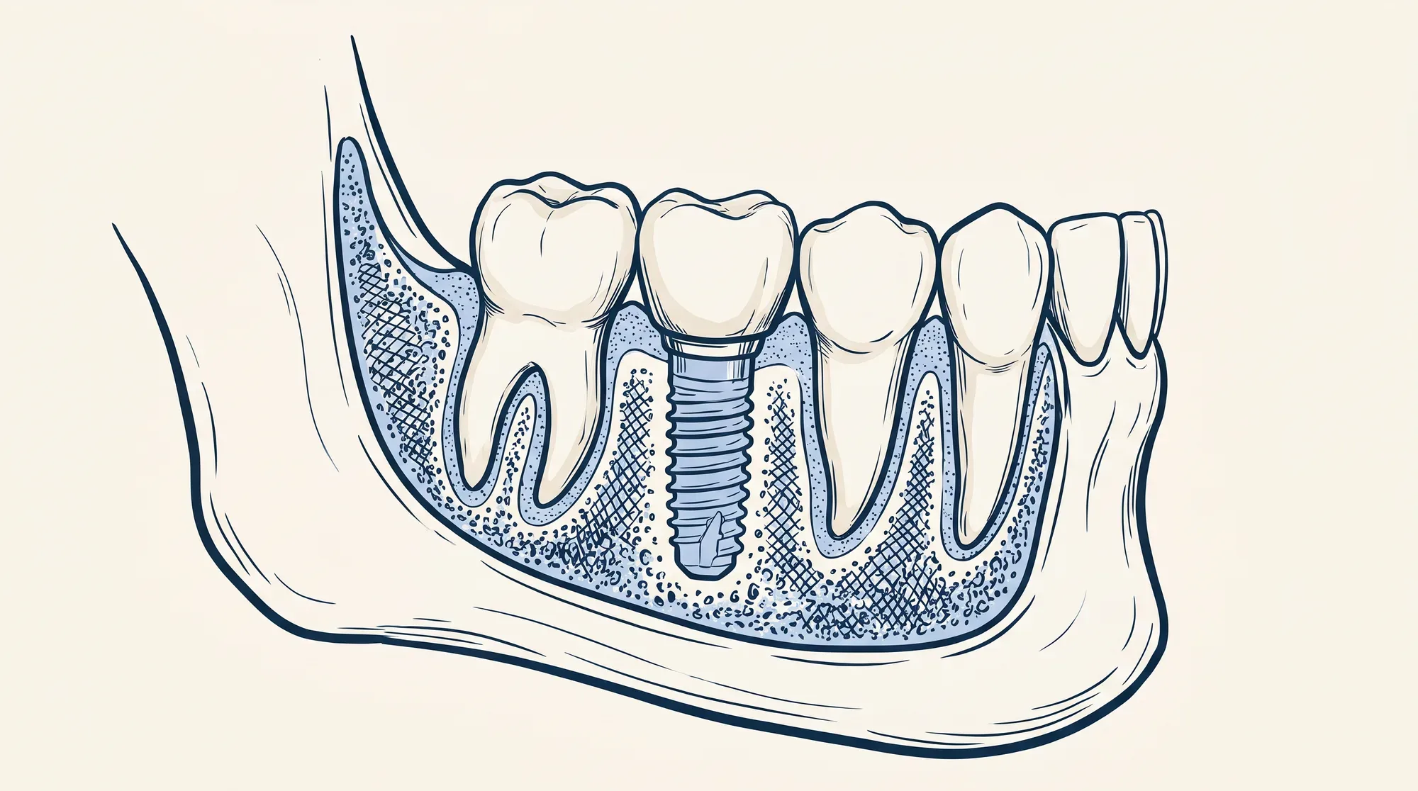 Illustration of a single dental implant: a titanium post set into the jawbone, supporting a crown that replaces a missing tooth.