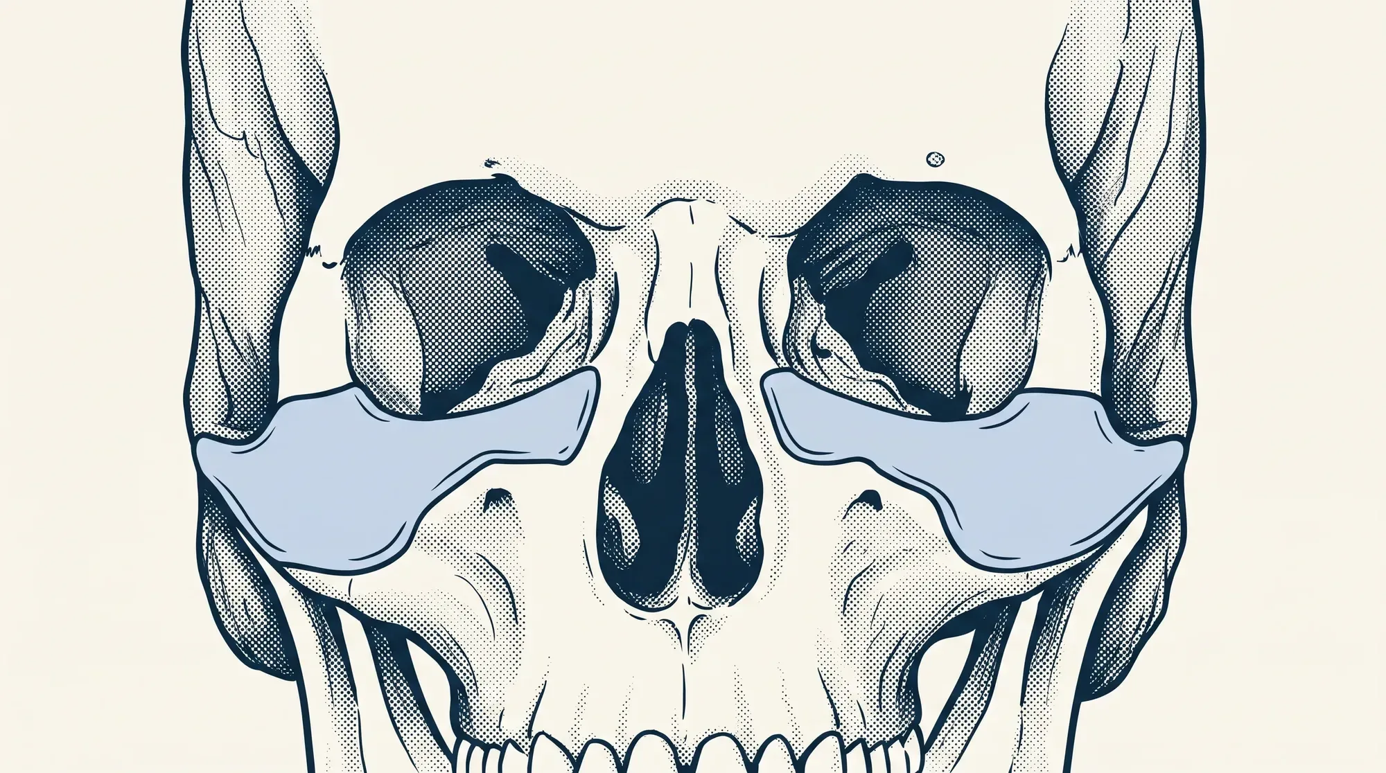 Three-quarter illustration of the facial skeleton with a custom implant seated over one cheekbone.