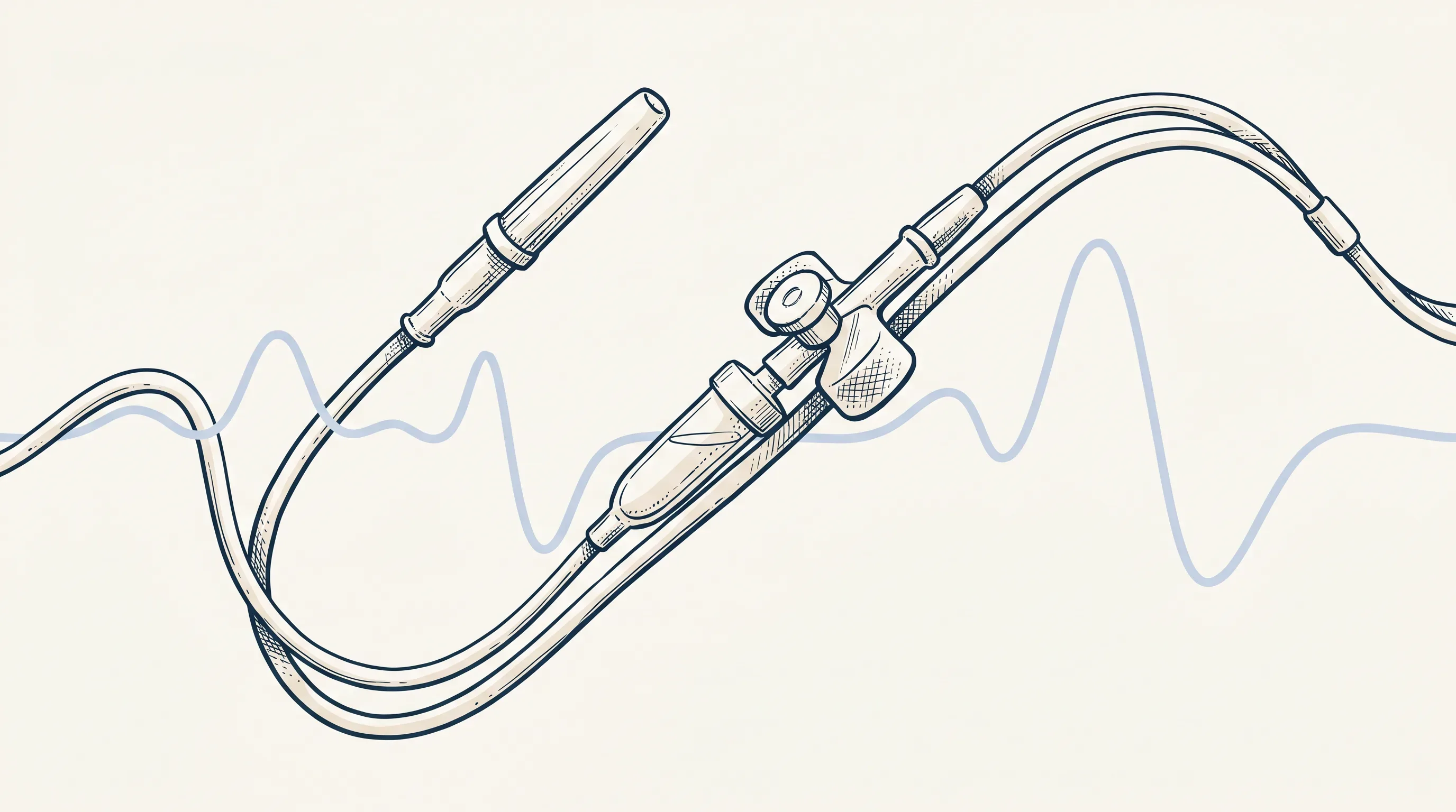 Illustration of an intravenous cannula and line with a gentle monitoring waveform.