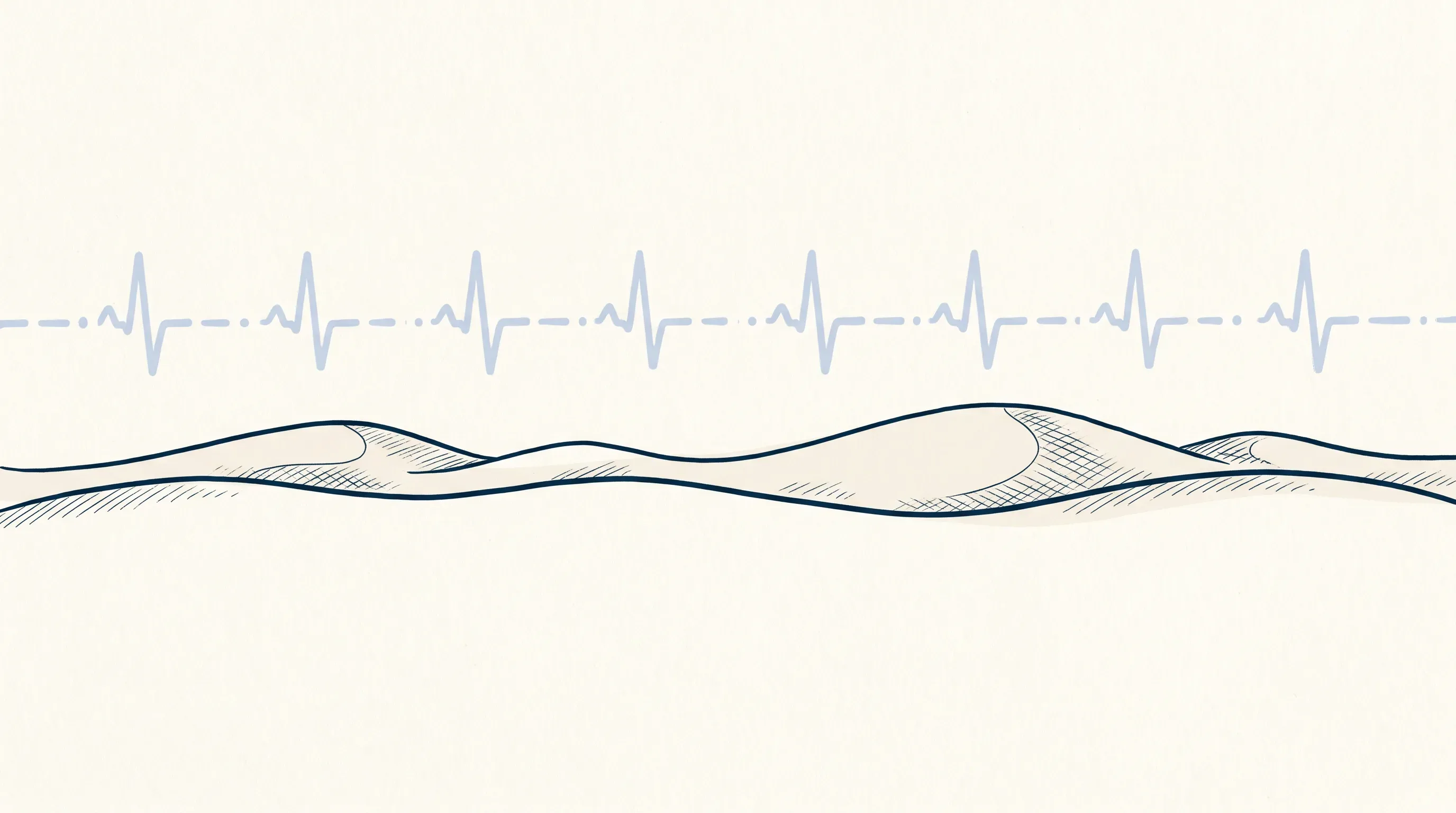 Illustration of a steady monitoring waveform over a soft horizon, suggesting restful sleep.