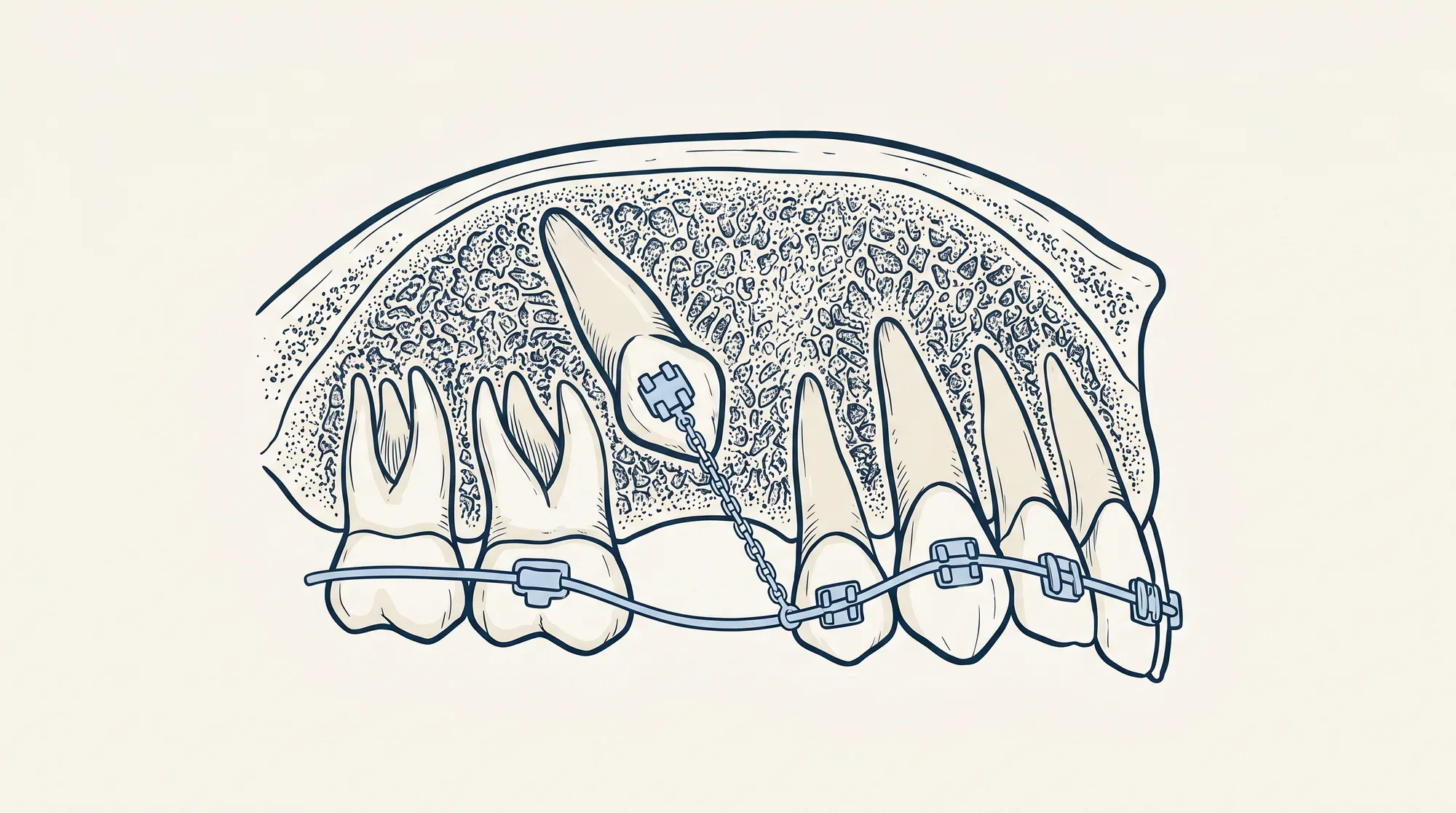 Cross-section illustration of the upper jaw showing a buried canine below the gum with a fine chain bonded to it.