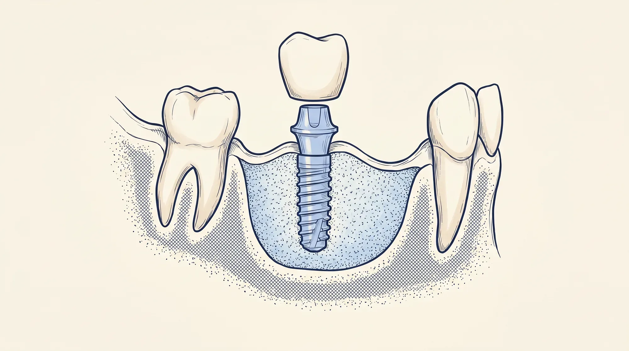 Cross-section illustration of the jaw ridge with grafted material building up the bone ahead of an implant site.