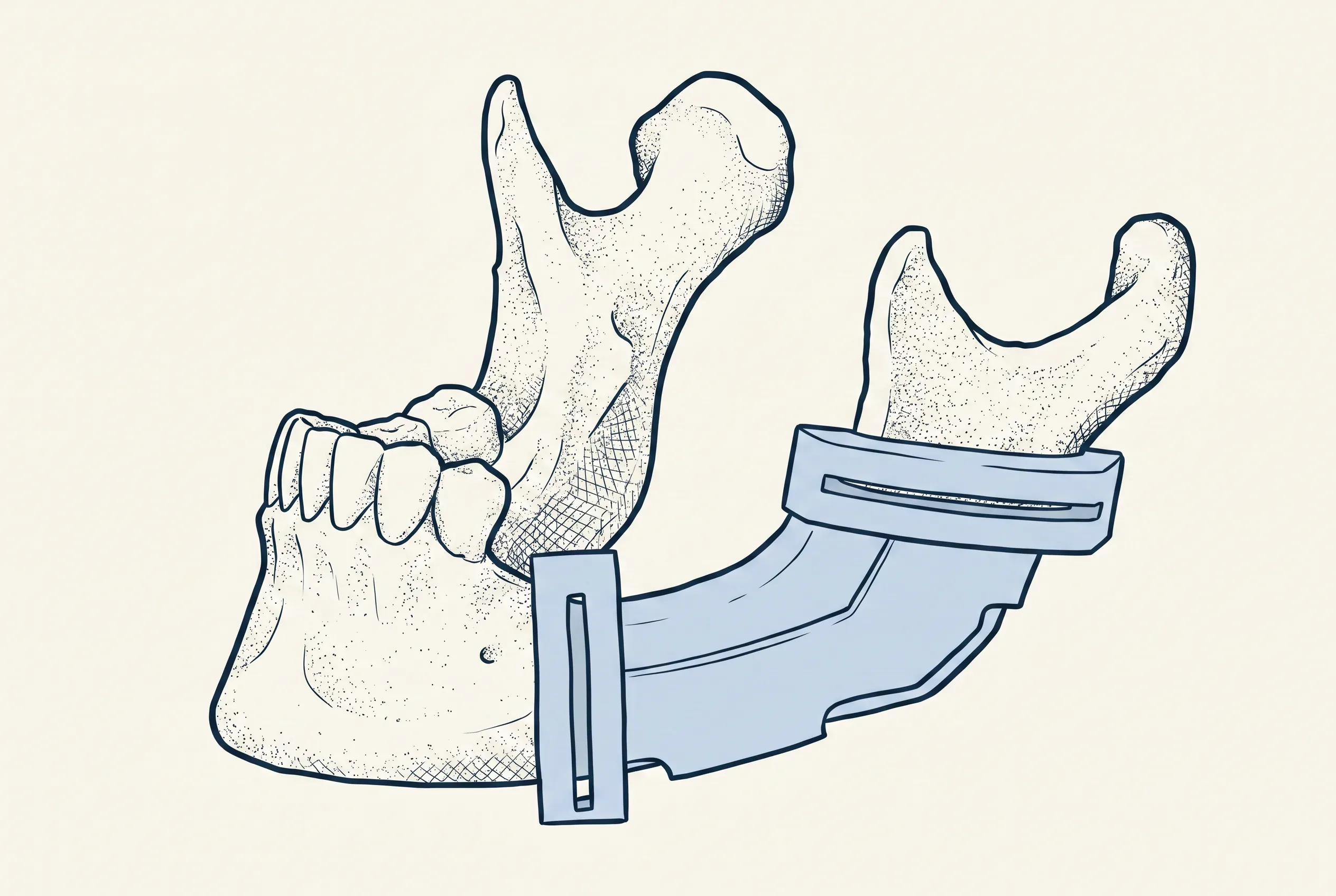 Wireframe-style three-quarter illustration of the jaw skeleton with a planned cutting guide outlined on the bone.