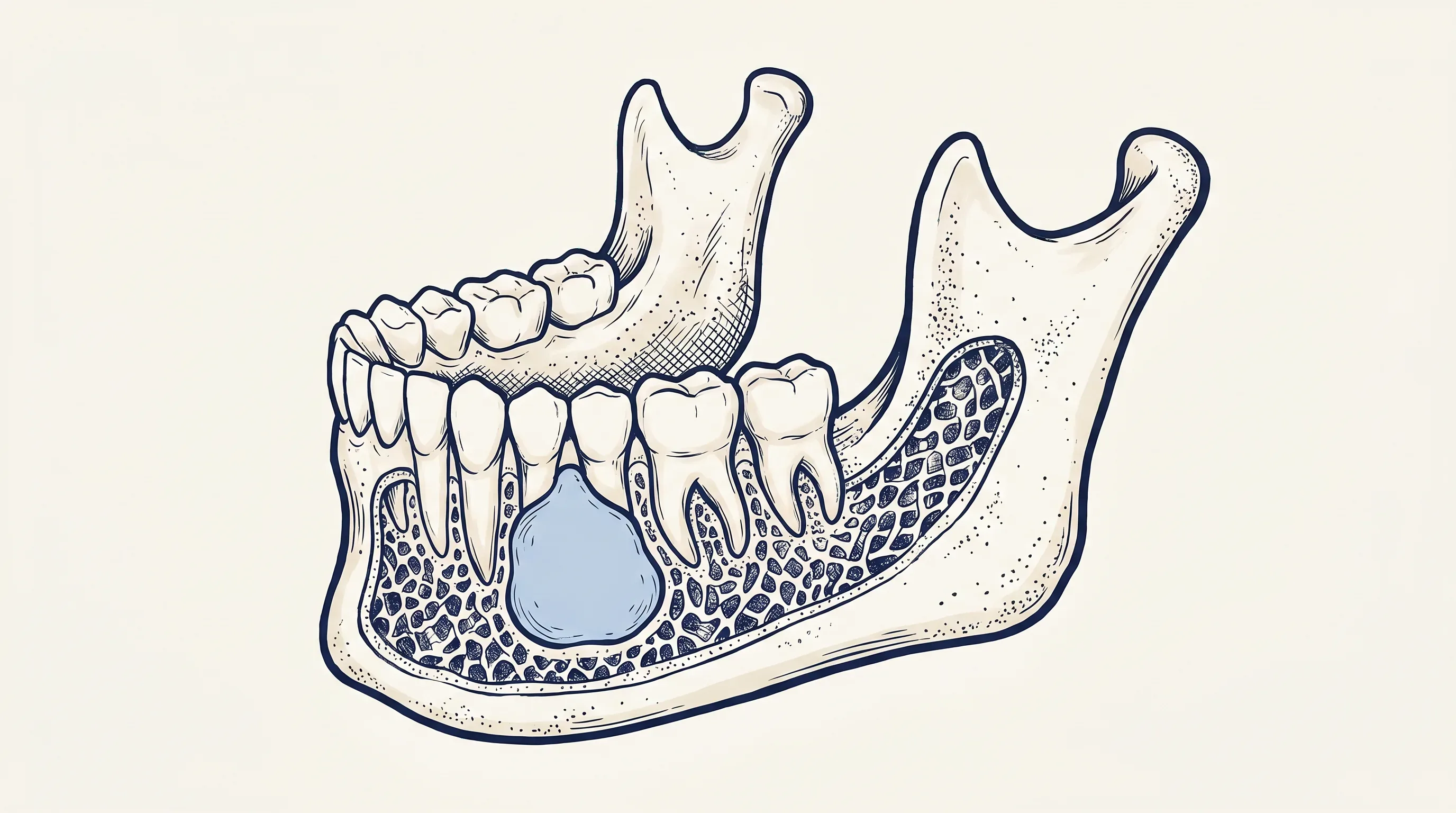 Cross-section illustration of the lower jaw with a rounded cyst cavity within the bone near the tooth roots.