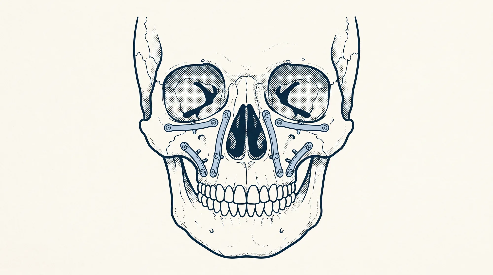 Front-view illustration of the facial skeleton with a fracture across one cheekbone and a small fixation plate over it.