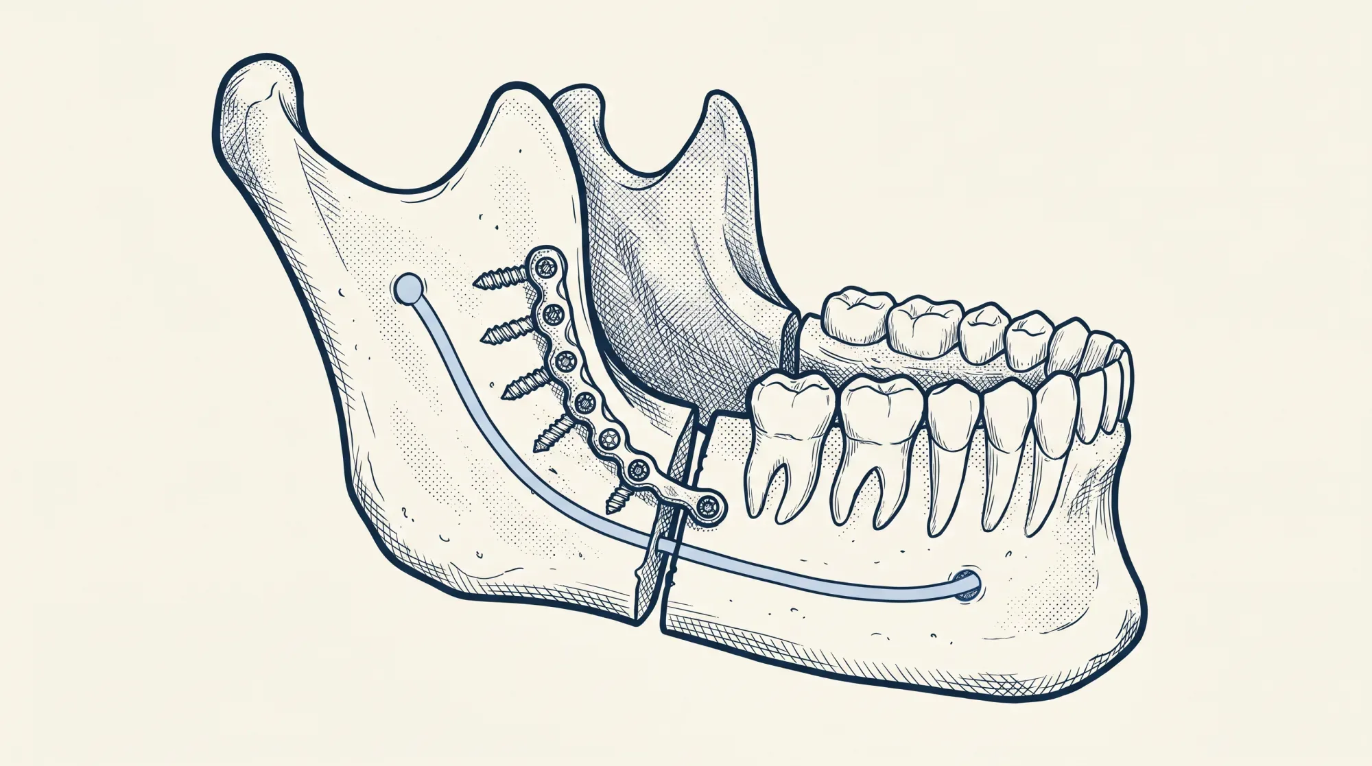 Anatomical jaw model showing corrective jaw surgery with titanium fixation plates and screws securing repositioned jaw segments after a Le Fort 1 osteotomy, bilateral sagittal split osteotomy, and sliding genioplasty.