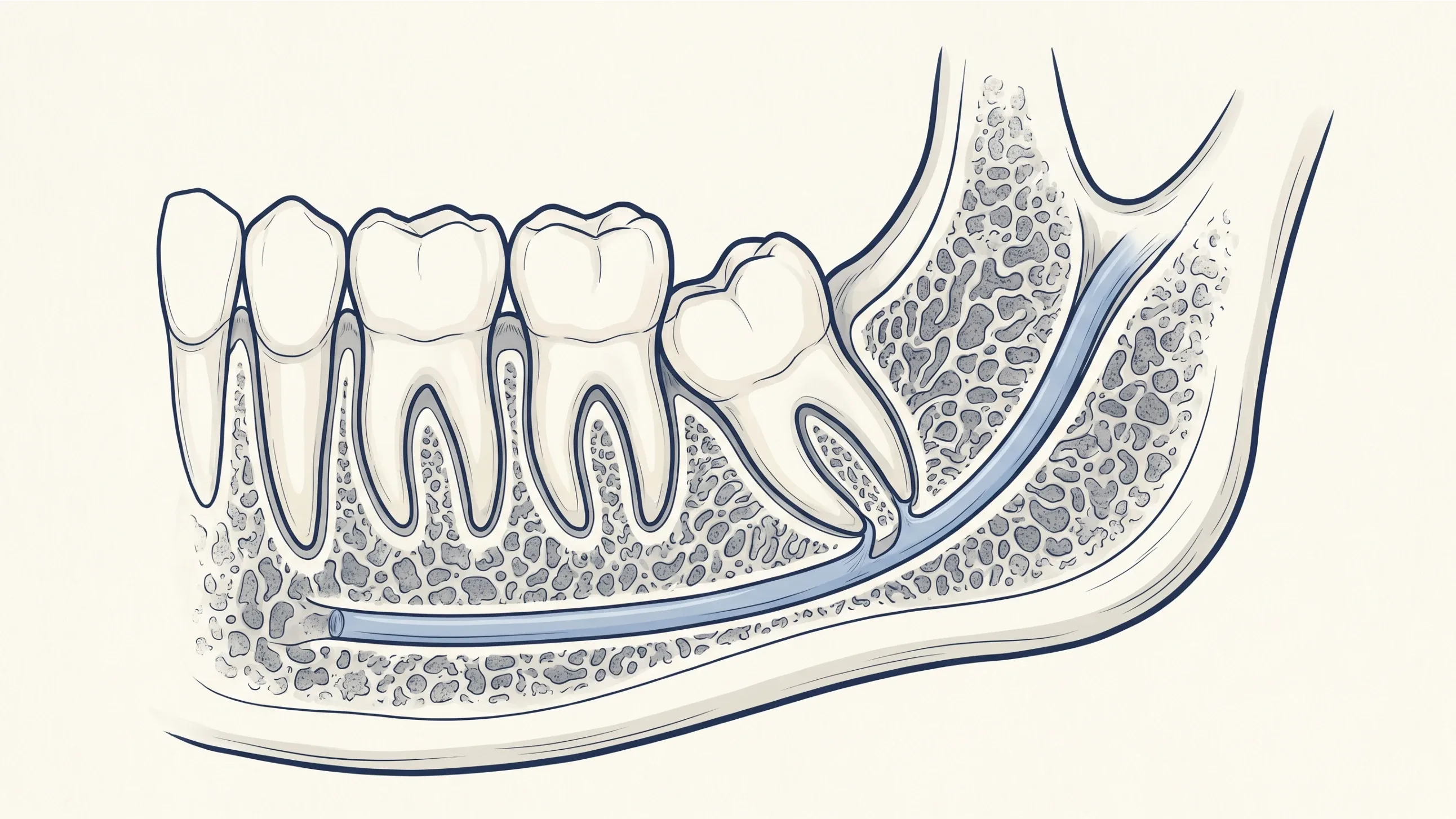 Illustration of a mesioangular impacted lower wisdom tooth wedged against the second molar, its roots in close proximity to the inferior alveolar nerve canal in the lower jaw.